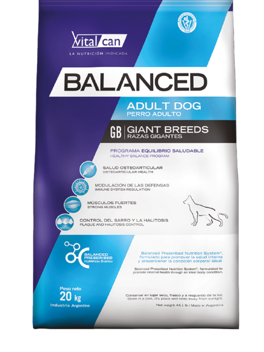 VITALCAN BALANCED PERRO ADULTO RAZA GIGANTE, perros adultos de 18meses a 7 años de edad.