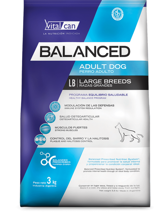 VITALCAN BALANCED PERRO ADULTO RAZA GRANDE, perros adultos de 18 meses a 7 años de edad.