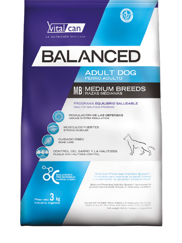 VITALCAN BALANCED PERRO ADULTO RAZA MEDIANA, perros adultos de 12 meses a 7 años de edad.